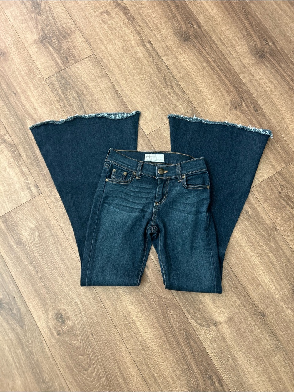 Free People Size 25 Super Flare Bell Bottom Jeans Dark Wash Raw Hem Y2K Boho